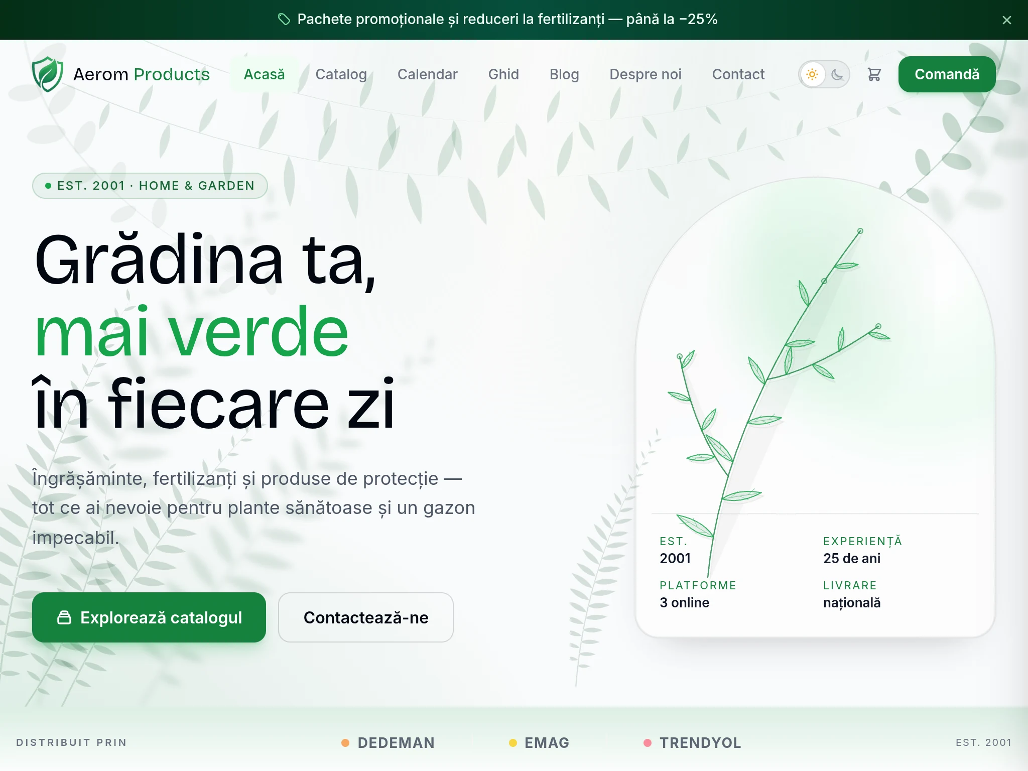 Prima pagină aeromproducts.ro: bara de reduceri, meniul cu Catalog, Calendar și Ghid, titlul «Grădina ta, mai verde în fiecare zi» și butonul Explorează catalogul