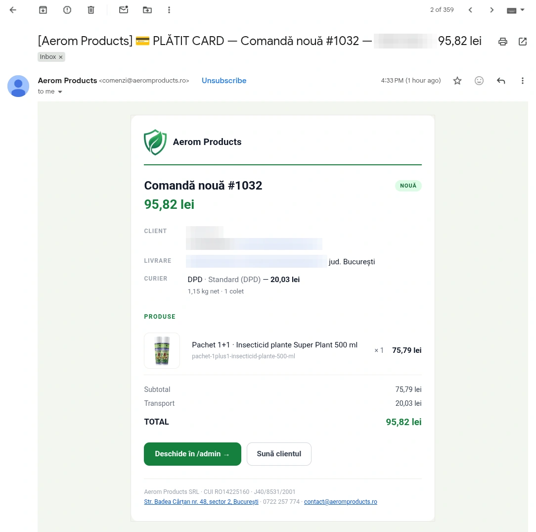 Mailul primit de firmă pentru o comandă nouă: livrarea, curierul DPD, produsul și butoanele «Deschide în /admin» și «Sună clientul»