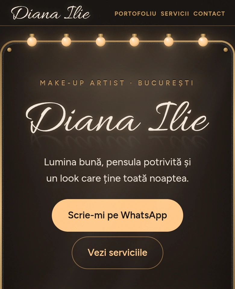 Prima pagină pe telefon: oglinda, numele și butonul de WhatsApp
