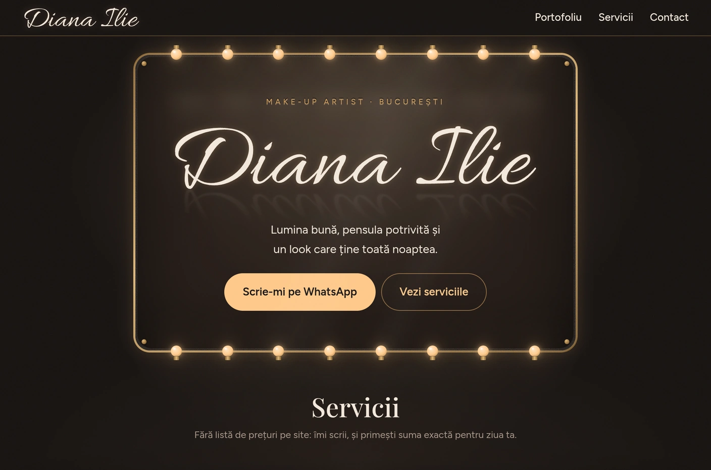Prima pagină diana-makeup.ro: oglindă de machiaj cu becuri aprinse și numele scris de mână