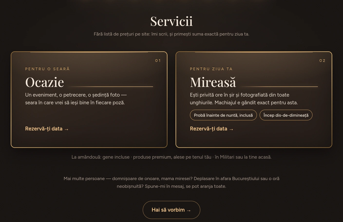 Serviciile ca două plăci, «Ocazie» și «Mireasă», fiecare cu butonul «Rezervă-ți data»