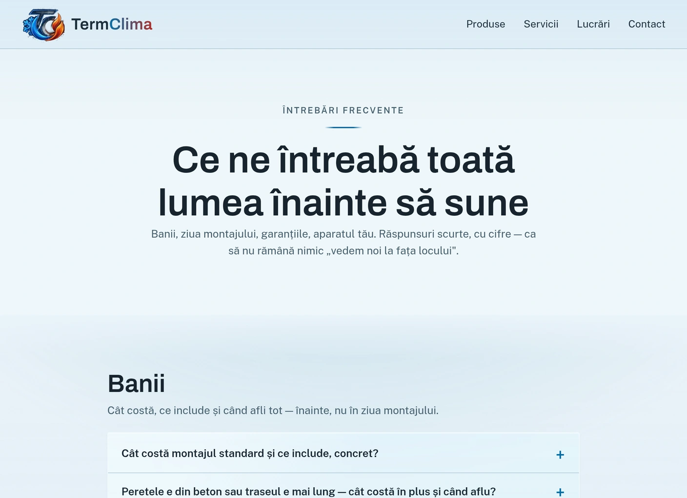 Pagina de întrebări frecvente, grupate pe teme