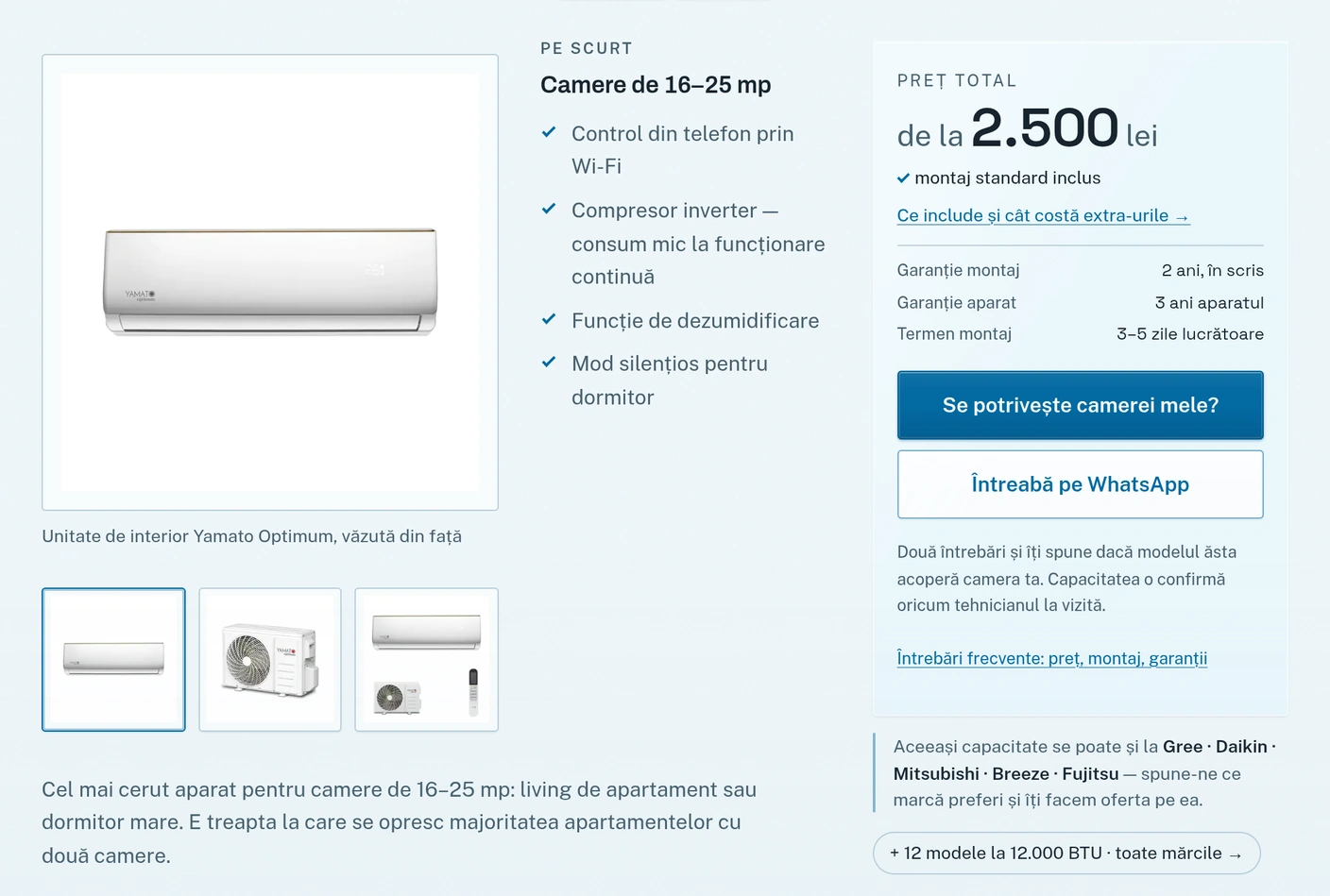 Fișa unui aparat de 9.000 BTU: «Pe scurt — Camere de 16–25 mp» și avantajele lui
