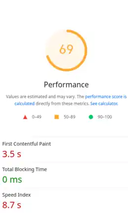Raportul PageSpeed Insights al site-ului Aerom pe WordPress — 69 la performanță