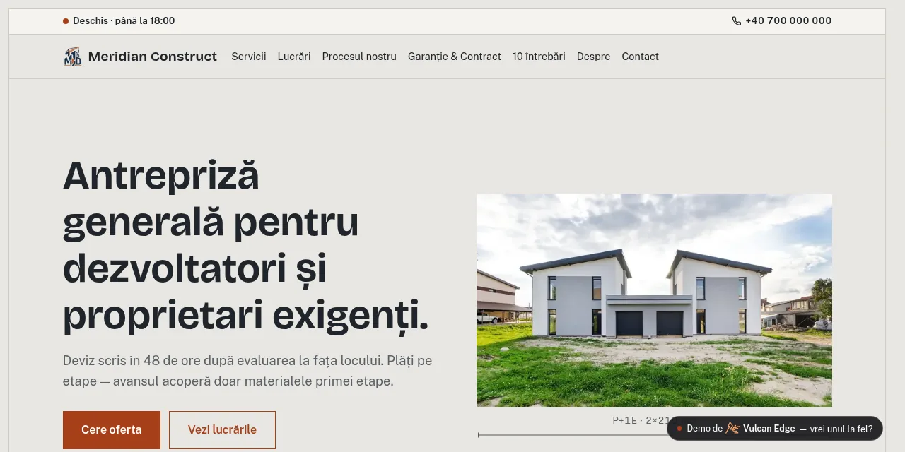 Pagina principală a demo-ului Meridian Construct